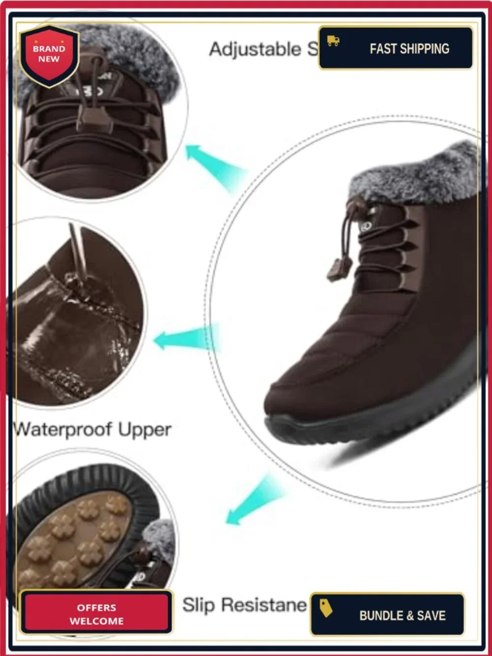 Women's Fur Lined Snow Boots Water Resistant Anti-slip Zipper Ankle Boots Winter
